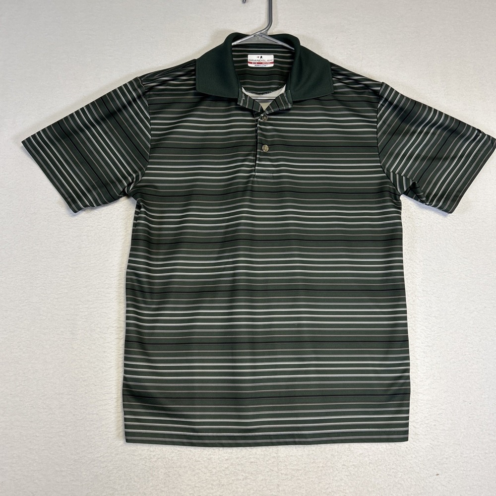 Grand Slam Men Green Striped Short Sleeve Golf Polo Shirt Medium Airflow K15